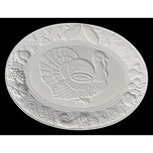 Turkey Embossed Serving Platter Ceramic Thanksgiving X-large 19”x 14.5" White